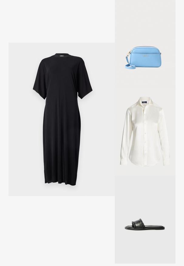 Melnas, īsām piedurknēm tērps, izgatavots no mīksta auduma, ar taisnu siluetu un augstu apkakli, papildināts ar sānu šķēlumiem, lai nodrošinātu brīvāku kustību.; Balta garām piedurknēm pogājamā krekla, izgatavota no gludas auduma, ar klasisku apkakli un maigu spīdumu, noapaļotiem malām un pogu detaļām.; Melnas ādas sandalītes ar austiem siksnu elementiem, plakana zole un elegants dizains. Gluda tekstūra un minimālistisks profils.; Gaiši zila ādas plecu soma ar zeltītām detaļām, ar rāvējslēdzēju un priekšējo kabatu. Iespējams regulēt siksnu, lai nodrošinātu ērtību.