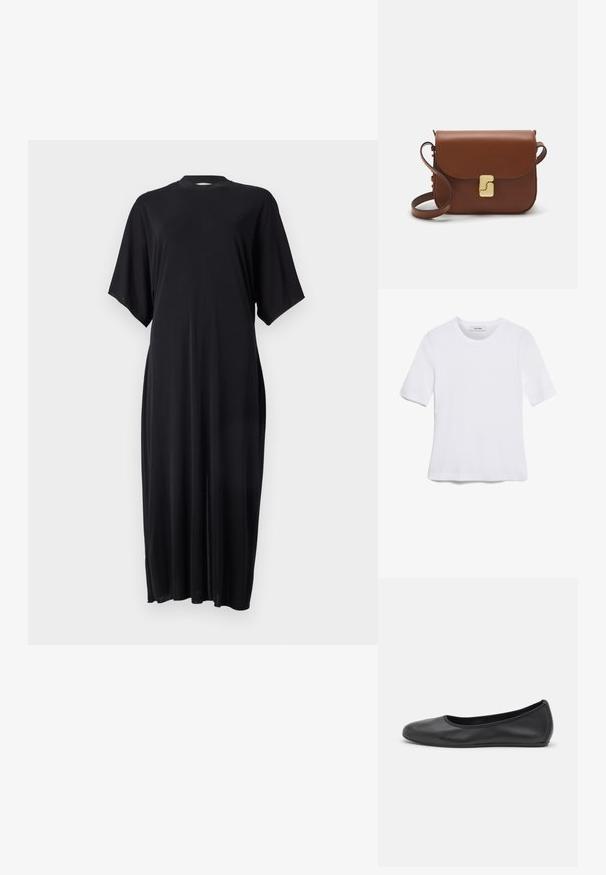 Vestido preto de mangas curtas feito de um tecido suave, com uma silhueta reta e um decote alto, apresentando fendas laterais para facilitar o movimento.; T-shirt de manga curta branca feita de tecido canelado. Decote redondo, ajuste regular e detalhes de costura subtis. Sem padrões ou gráficos.; Bailarina preta em pele com bico arredondado, textura suave, detalhe de costura minimalista e design de sola flexível.; Bolsa de couro castanho com fecho de aba, decoração em tom dourado, alça de ombro e textura suave. Formato retangular compacto.