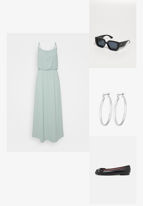 Maksimalus suknele mėtų žaliai, lengvas audinys su baltais taškeliais, elastinga juosmens dalis ir plonos reguliuojamos petnešos. Švelni A formos siluetas.; Juodo odinio baleto batelio su apvalia nosimi, dekoratyvine juostele ir lygiu paviršiumi. Minimalistinis dizainas su žemu, plokščiu padu.; Juodos didelės saulės akinių su geometriniu raštu, stačiakampiais objektyvais ir blizgiu paviršiumi. Nėra matomo prekės ženklo priekyje.; Sidabriniai auskarai su sklandžiu, poliruotu paviršiumi. Apvalios formos ir saugus uždarymo mechanizmas. Lengvas dizainas, tinkantis kasdieniam dėvėjimui.