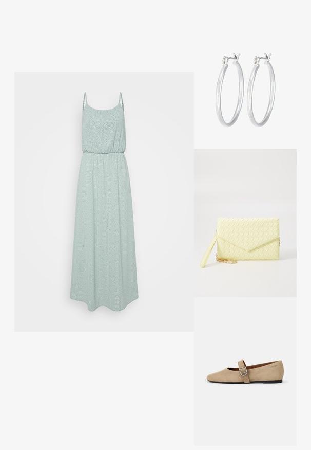 Münt rohelise värviga maxi kleit, kerge kangaga, valgete täppidega, elastse vööümbrisega ja õhukeste reguleeritavate rihmadega. Voogav A-line siluett.; Bež sametist Mary Jane korterid terava ninaga ja ühekordse reguleeritava rihmaga, millel on hõbedane sang. Must lamineeritud tall.; Kollane kudumine käekott, millel on klapp disain, eemaldatav randme rihm ja kuldne ahelakaunistus. Sile tekstuur ja ristkülikuline kuju.; Hõbedased rõngaskõrvarõngad, millel on sile, läikiv viimistlus. Ümmargune kuju ja turvaline klõpsulatus. Kerge disain, sobib igapäevaseks kandmiseks.