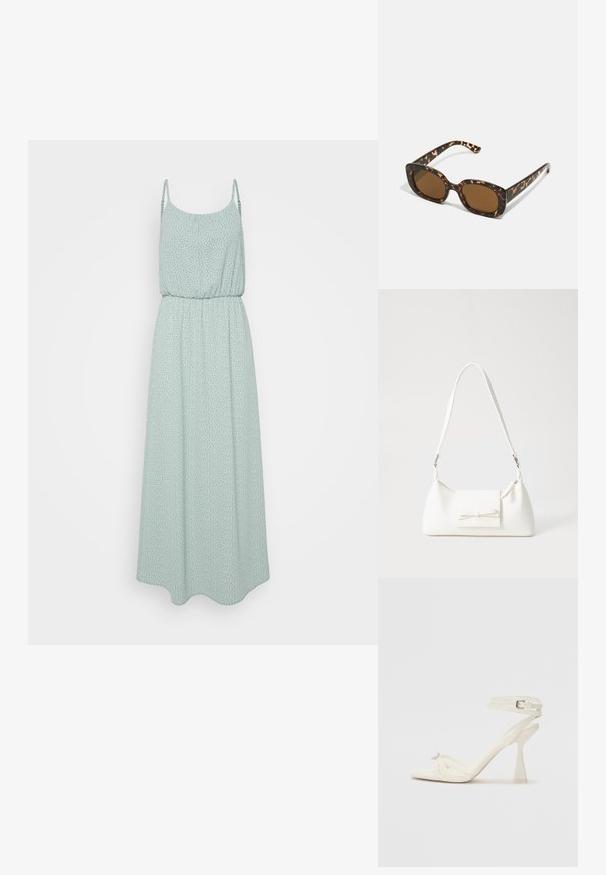 Menta zöld maxi ruha, könnyű anyagból, fehér pöttyökkel, rugalmas derékkal és vékony állítható pántokkal. Folyó A-vonalú sziluett.; Fehér bőr, pántos, magas sarkú szandál, letisztult limezéssel, átlátszó blokk sarkakkal és díszítő elemmel a lábujjaknál.; Teknősbéka mintázatú napszemüveg kerek, vastag kerettel és barna lencsékkel. Finom mintázattal és egyenes, keskenyedő szárakkal rendelkezik.; Fehér szintetikus kézitáska, háromszög alakú, lapos előlap, masni részlettel, állítható pánttal, sima textúrával és minimalista dizájnnal.