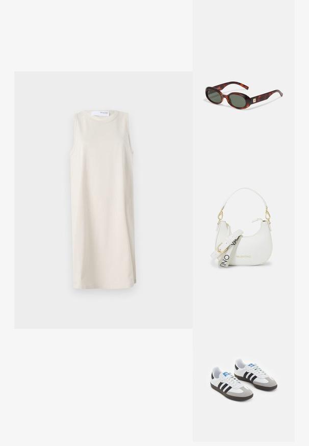 Bež obleka brez rokavov z okroglim izrezom, izdelana iz mehkega blaga. Preprosta zasnova z ohlapnim krojem in brez vidnih vzorcev ali dodatkov.; Športni čevlji z belim usnjenim zgornjim delom, sivim semišem na prstih in tremi črnimi črtami. Imajo modro logo na jeziku in teksturiran gumijast podplat.; Svetlo-rjava sončna očala v obliki ovala z temnimi lečami in širokimi ročaji. Imajo majhen zlat detajl na strani. Gladek plastičen material.; Bela torbica z ukrivljeno silhueto, teksturirana usnjena površina, zlatni dodatki in odstranljiv trak z logotipom in podrobnostmi na sponki.