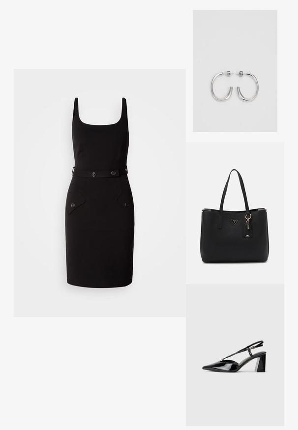 Must küllusjuhtmega kleit ruudukujulise kaelakaarega, reguleeritav vöö ümmarguste detailidega ja kaks esipocketit ümarate klapidega.; Mustadast mustast lakknahast kõrge kontsaga kingad, millel on terav varvas, reguleeritav rihm ja jäme ristkülikuline konts.; Musthave mustkott, mis on valmistatud tekstuuriga sünteetilisest materjalist, kahes käepidemes, millel on kuldne logo plaat ja väike märgistus koos aksendiga.; Hõbedased rõngaskõrvarõngad, millel on sile ja läikiv pind. Ümar kuju, kerge disain, millel on post-tagumise kinnituse süsteem.