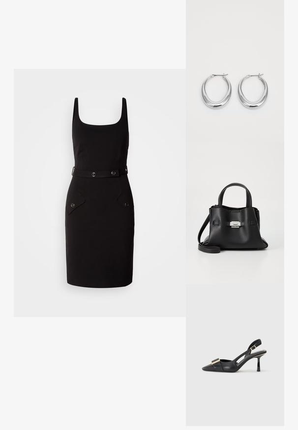 Černé pouzdrové šaty se čtvercovým výstřihem, nastavitelným opaskem se zakulaceným kováním a dvěma předními kapsami se zaoblenými klopami.; Černá kožená slingback obuv s špičatou špičkou, štíhlým podpatkem a akcenty zlaté barvy na vředu. Hladká textura a strukturovaný design.; Černá kožená kabelka s texturovaným povrchem, vybavená dvěma horními uchy, odnímatelným ramenním popruhem a stříbrným detailem s uzávěrem.; Pár leštěných stříbrných půlměsíčních náušnic s kloubovými sponami na bílém pozadí.