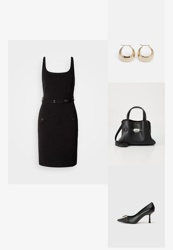 Černé pouzdrové šaty se čtvercovým výstřihem, nastavitelným opaskem se zakulaceným kováním a dvěma předními kapsami se zaoblenými klopami.; Černé kožené lodičky s špičatou špičkou a zlatým akcentem na špičce, hladký povrch a štíhlý design vysokého podpatku.; Černá kožená kabelka s texturovaným povrchem, vybavená dvěma horními uchy, odnímatelným ramenním popruhem a stříbrným detailem s uzávěrem.; Zlaté kruhové náušnice s hladkým, zaobleným designem a lesklým povrchem. Mají tenký kovový kolík pro bezpečné uchycení.