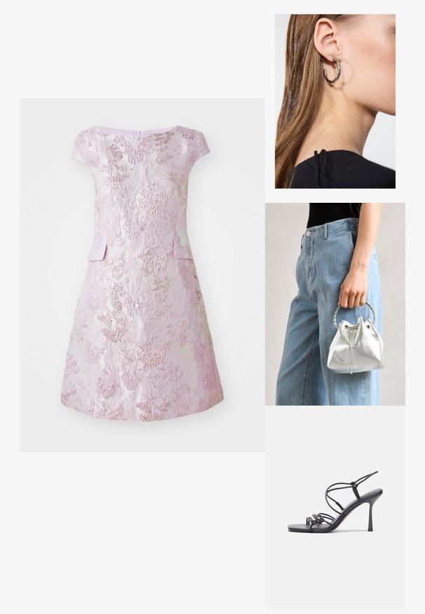 Marc Cain Koktélruha / Partiruha - deep lavender; Fekete magas sarkú szandálok vékony pántokkal, csomózott mintával, sima négyzetes orral és karcsú stiletto sarkal rendelkeznek.; Fémes ezüst színű vödör táska, texturált felülettel, ezüst kerek füllel és húzózárral, világoskék farmer mellett tartva.; Ez egy ezüst fülbevaló, sima felülettel, amelyen apró arany díszítőelemek találhatók. Kerek formájú és a fülcimpán viselik.