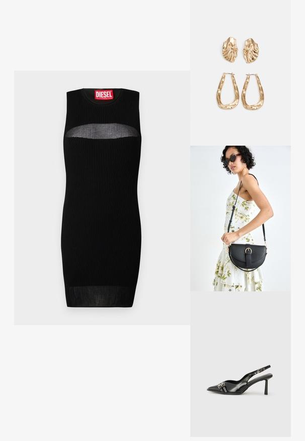 Fekete, ujjatlan ruha bordázott textúrával, félig átlátszó kivágással a mellkason. A címke felirata: "DIESEL" élénk piros színben.; Fekete lakk bőr, hegyes orrú slingback cipő, boka pántokkal, ezüst csatokkal és hardverelemekkel, valamint karcsú sarkú.; Fekete bőrtáska ívelt formával, levehető pánttal és arany színű fémrészekkel. A táskán egy csattal díszített fedél található.; Aranyszínű fülbevalók, texturált, hullámos formákkal. Tartalmazza a szobrászati klipszes studokat és az open hoop kialakítást, kalapácsos felülettel.