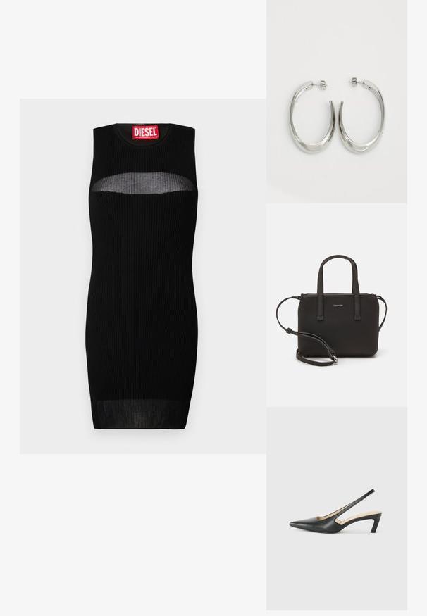 Černé bezramínkové šaty s žebrovanou texturou, s poloprůhledným výřezem na hrudi. Na etiketě je napsáno "DIESEL" tučně červenou barvou.; Černý špičatý slingback s nízkým podpatkem, vyrobený z hladké kůže, s výřezem na boku pro lepší prodyšnost.; Černá kabelka s dvojitými krátkými uchy a odnímatelným ramenním popruhem. Hladký koženkový materiál s uzávěrem na zip a detailem loga.; Stříbrné kruhové náušnice s hladkým, zakřiveným designem. Vyznačují se lesklým kovovým povrchem a zapínáním na patent. Žádné viditelné vzory nebo akcenty.