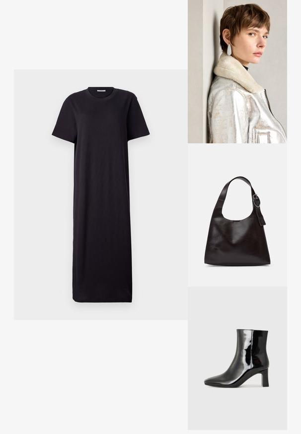 Vestido maxi preto, de mangas curtas, feito de um tecido macio; apresenta um decote redondo e uma silhueta solta e reta com uma bainha até ao tornozelo.; Botim de tornozelo em pele sintética preta com bico apontado e salto bloco de altura média. Textura suave e design minimalista.; Bolsa de ombro em pele castanha com uma textura suave, forma arredondada, alça larga e um detalhe metálico circular na pega.; Jaqueta de couro metálica prateada com colarinho de peles, apresentando um fecho em zip e uma superfície texturizada. Brincos grandes em forma de gota com pedras preciosas transparentes.