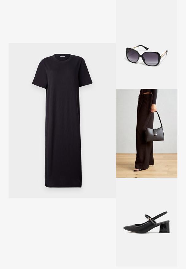 Juoda, trumpa rankovė maxi suknelė, pagaminta iš minkštos medžiagos; turi apvalią apykaklę ir laisvą, tiesią siluetą su kulkšnį siekiančiu sijonu.; Juodi patentinio odos slingback aukštakulniai su smailiu pirštu, apvaliu išpjovimu ir blokiniu kulnu. Papuošti auksiniu juostos akcentu.; Juodos didelės saulės akinių su pereinamais objektyvais, storomis rėmeliais ir auksinės spalvos grandinėmis ant šventyklų.; Juodas rankinė struktūrizuota forma, lygi tekstūra ir metalinis užsegimas. Suporuota su plačiomis juodomis kelnėmis ir atvirais bateliais ant medinių grindų.