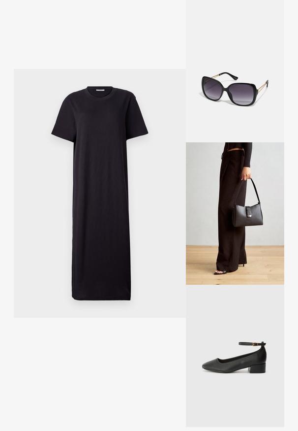Fekete, rövid ujjú maxiruha puha anyagból; kerek nyakkivágással és laza, egyenes sziluettel rendelkezik, amely boka hosszúságú. ; Fekete bőr magassarkú cipő hegyes orral és alacsony tömb sarkal. Bokapánttal rendelkezik, aranyszínű csattal. Simább textúra.; Fekete, oversize napszemüveg fokozatos árnyalatú lencsékkel, vastag kerettel és arany színű lánc díszítéssel a szárakon.; Fekete kézi táska strukturált formával, sima textúrával és fémből készült záródással. Széles fekete nadrággal és nyitott orrú szandállal párosítva, fából készült padlón.