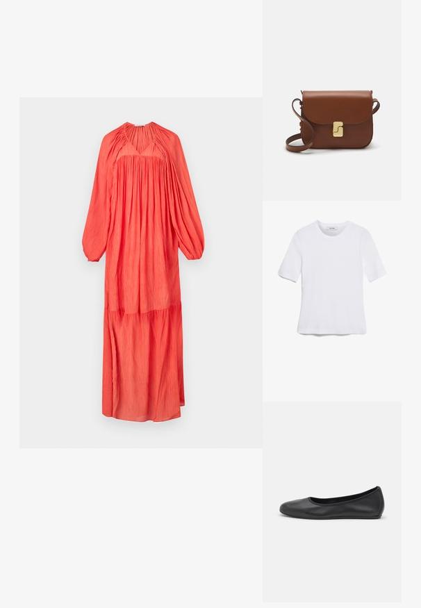 Long, coral dress with a pleated texture, V-neckline, and puffed sleeves, featuring a tiered hem for added volume.; White short-sleeve t-shirt made of ribbed fabric. Round neckline, regular fit, and subtle stitching details. No patterns or graphics.; Black leather ballet flat with a rounded toe, smooth texture, minimal stitching detail, and a flexible sole design.; Brown leather handbag with a flap closure, gold-tone hardware, a shoulder strap, and a smooth texture. Compact rectangular shape.