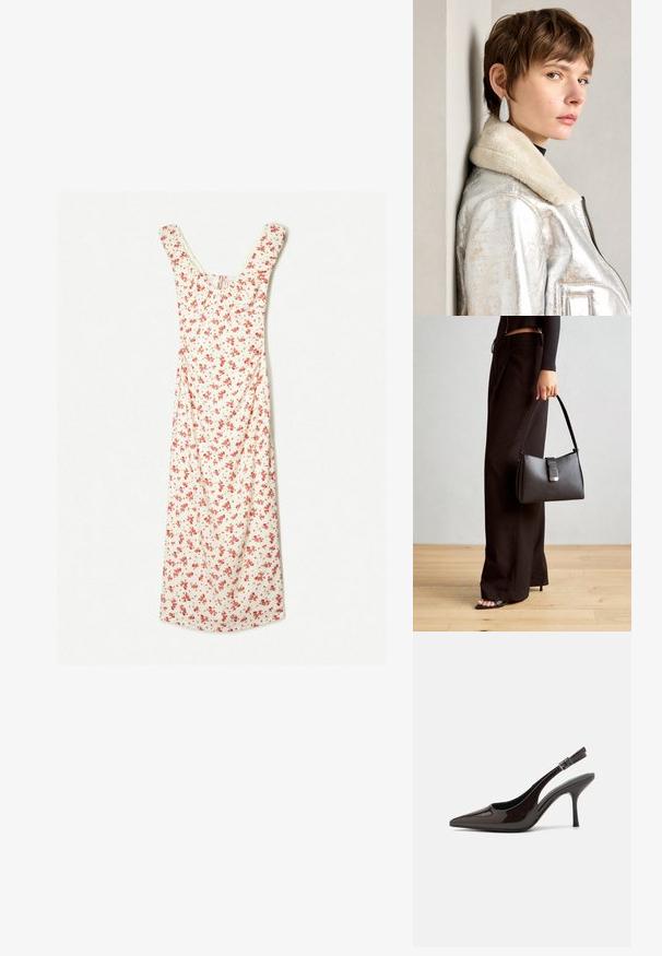 Cvetna midi obleka v kremni barvi z rdečimi rožami, z okroglo izrezano ovratnikom in kratkimi rokavi. Mehka tkanina z tekočim A-silhueto.; Slingback visoke pete v sijajni temno rjavi lak koži, koničastim nosom, odprtimi stranmi in nastavljivim gležnjenčkim trakom.; Črna torbica z strukturirano obliko, gladko teksturo in kovinskim zaponko. Ujemajo se z širokimi črnimi hlačami in odprtimi sandali na lesenem tleh.; Srebrna metalik usnjena jakna s ovratnikom iz jagnječje kože, z zadrgo in strukturirano površino. Velike kapljaste uhane s prozornimi dragimi kamni.