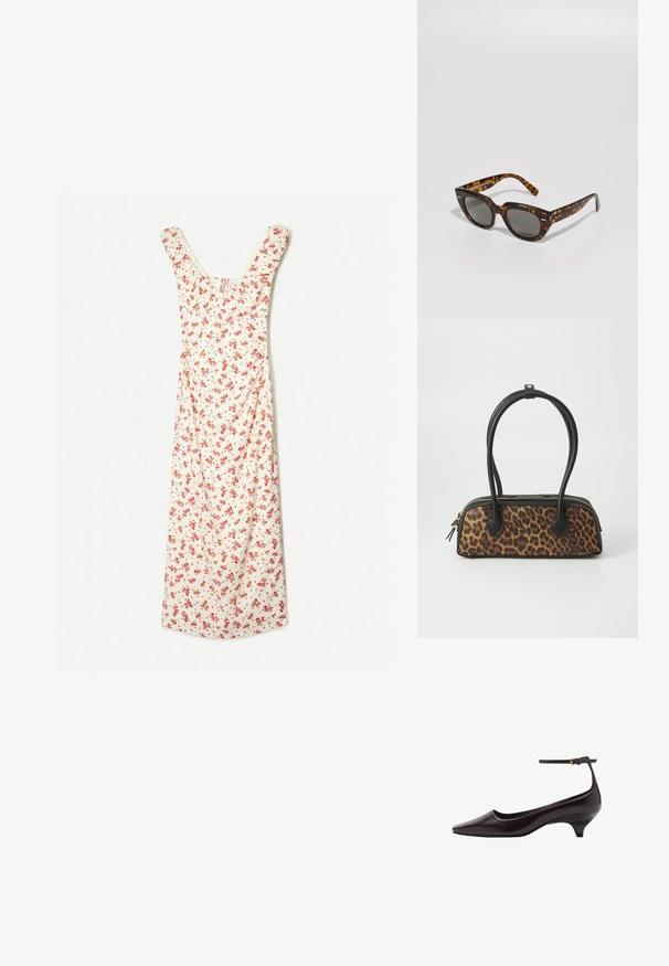 Blommig midiklänning i krämfärgad med röda blommor, med en rundad halsringning och korta ärmar. Mjuk tyg med en flödande A-linjeform.; Mörkbrun spetsig läderkattklackssko med en tunn ankelrem och en liten guldkopp.; Sköldpaddsmönstrade solglasögon med kantiga bågar och grå linser. Har en glänsande yta och subtil märkning på skalmarna.; Leopardmönstrad handväska med en svart faux läderbotten, dubbla handtag upptill, guldfärgad dragkedja och accentuerade flikar i svart faux läder. Rektangulär form.