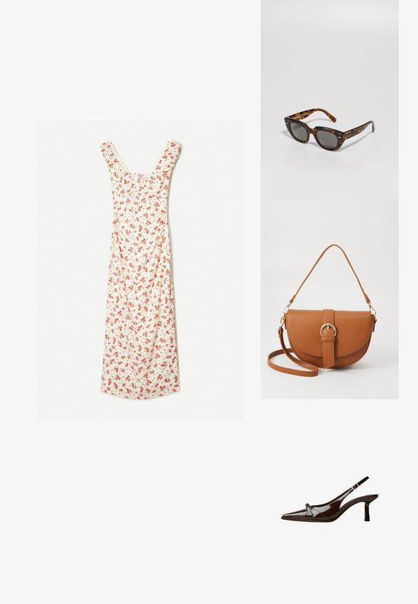 Blommig midiklänning i krämfärgad med röda blommor, med en rundad halsringning och korta ärmar. Mjuk tyg med en flödande A-linjeform.; Brun lackläder slingback-sko med spetsig tå, låg klack och en dekorerande rosett på framsidan. Slät, glansig yta.; Sköldpaddsmönstrade solglasögon med kantiga bågar och grå linser. Har en glänsande yta och subtil märkning på skalmarna.; Brun läder crossbody-väska med en böjd form, gyllene detaljer och en spänneaccent. Har en avtagbar axelrem.