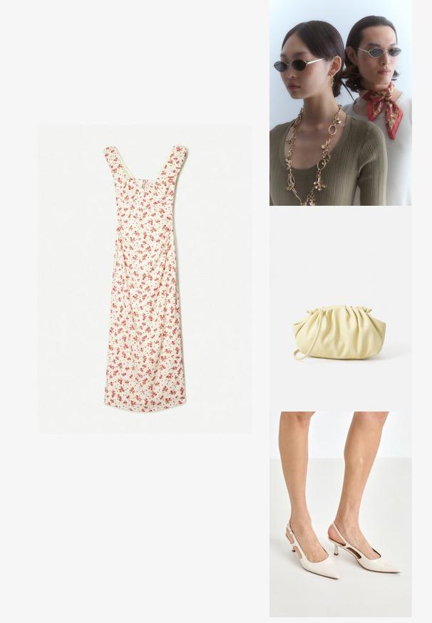 Kremowa sukienka midi w kwiaty w odcieniu czerwonym, z dekoltem w serek i krótkimi rękawami. Miękka tkanina o swobodnym kroju w kształcie litery A.; Beżowe lakierowane szpilki z odkrytą piętą, zakończone spiczastym noskiem i 5 cm obcasem, z wyciętymi bokami oraz cienkim paskiem na kostce.; Okulary przeciwsłoneczne w okrągłym kształcie z ciemnymi szkłami i cienkimi srebrnymi oprawkami. Jedna osoba nosi złoty naszyjnik łańcuszkowy, podczas gdy inna ma na sobie czerwoną chustę w wzory.; Żółta plisowana torebka wykonana z gładkiej sztucznej skóry, charakteryzująca się miękkim kształtem, pojedynczym paskiem na ramię oraz marszczonym designem u góry.