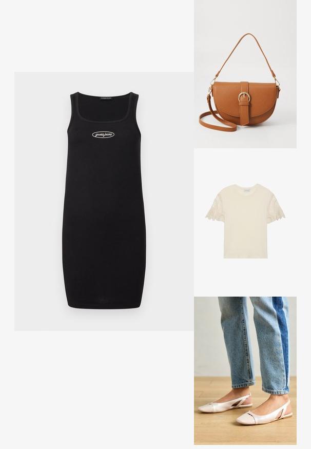 Svart ribbet tankkjole med firkantet U-hals, med en hvit "guess jeans" logo sentrert på brystet. Enkel og figurnær design.; Kremfarget t-skjorte med korte ermer som har intrikate beige hekledetaljer. Mykt bomullsstoff, rund halsutskjæring, avslappet passform.; Lys rosa slingback leiligheter med spiss tå, laget av et glatt, læraktig materiale. Har utskjæringer på sidene og lav hæl.; Brun lærcrossbody-veske med en buet form, gullhardware og et spenneakcent. Har en avtakbar skulderreim.