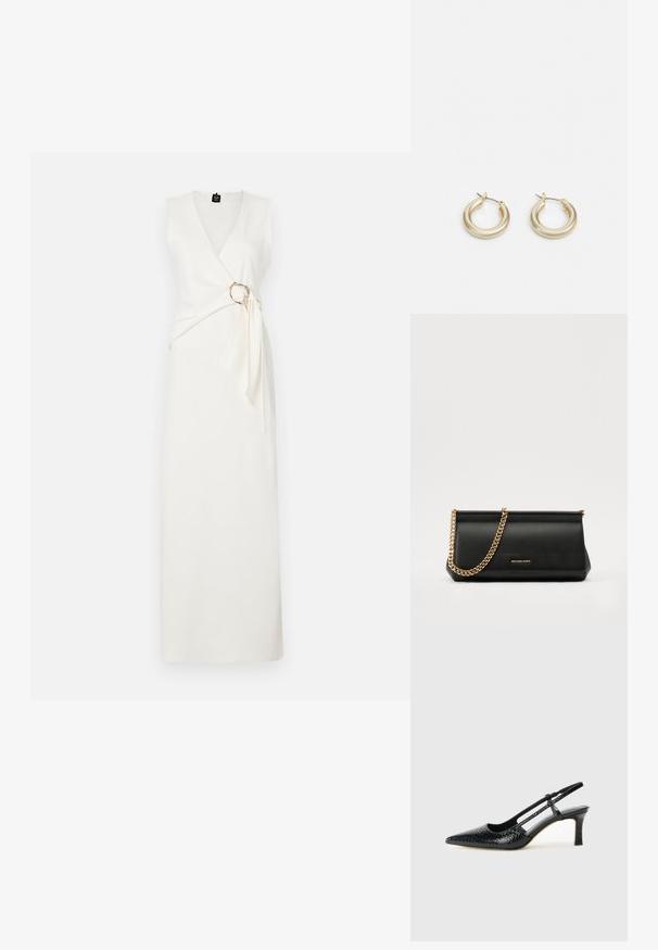 Robe blanche sans manches avec un décolleté en V profond, un design enveloppant, un drapé latéral et un accent circulaire en or à la taille. Texture lisse.; Escarpin slingback en vernis noir avec un bout pointu, présentant un imprimé serpent texturé, une sangle réglable et un petit talon bloc texturé.; Sac à main en cuir noir avec une bandoulière en chaîne dorée, présentant une texture lisse, une forme rectangulaire et une marque embossée à l'avant.; Lauren Ralph Lauren BASIC SMALL HOOP - Boucles d'oreilles - gold-coloured