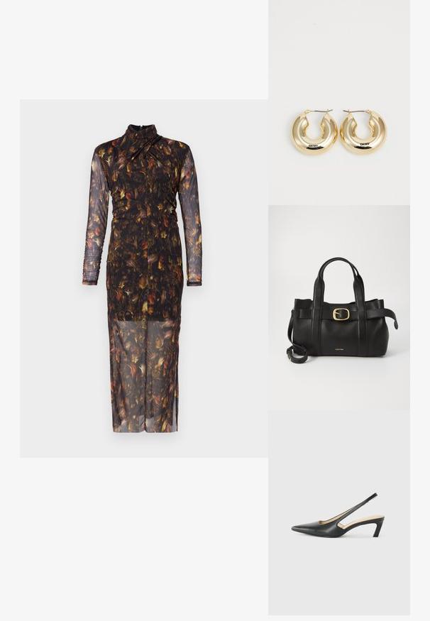 Dlouhého rukávu, průhledné šaty s květinovým vzorem v tmavých tónech, s vysokým výstřihem a řasením podél těla pro přiléhavý siluetu.; Černý špičatý slingback s nízkým podpatkem, vyrobený z hladké kůže, s výřezem na boku pro lepší prodyšnost.; Černá kožená kabelka s upraveným designem, dvojitými vrchními madly, pozlaceným přezkovým akcentem a vyraženým logem značky na přední straně.; Zlaté kruhové náušnice s hladkým, zaobleným designem a lesklým povrchem, vybavené sponou pro zajištění. Vystouplý nápis "DKNY".