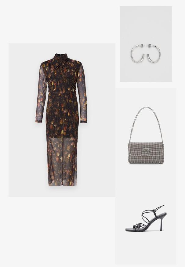 Ilga rankovė, skaidrus suknelė su tamsių atspalvių gėlių raštu, turinti aukštą iškirptę ir raukšles palei kūną, suteikiančias prigludusį siluetą.; Juodos aukštakulnės sandalai pasižymi plonyčiais dirželiais su mazgo dizainu, lygiu kvadratiniu pirštu ir elegantišku stiletto kulnu.; Šviesiai pilka metalinė rankinė su grandinėlės dirželiu, papuošta mažais apvaliais metaliniais smeigėmis ir trikampiu prekės ženklu.; Sidabrinės auskarai žiedai su lygiu, blizgiu paviršiumi. Suapvalinta forma, lengvas dizainas, su uždarymu ant smeigtuko.