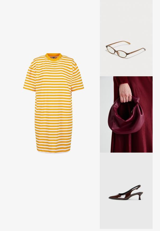 Pruhované šaty s krátkým rukávem, které mají střídající se žluté a bílé horizontální pruhy, kulatý výstřih a volný střih.; Hnědé lakované kožené slingback boty s špičatou špičkou a mírným podpatkem. Disponují přezkou pro bezpečné upevnění. Hladký povrch.; Hnědé želvovinové brýle s oválnými skly, tenkými bočními nohami a průhlednými akcenty. Obsahují decentní logo na stranu. Elegantní, lehký design.; Burgundská kožená kabelka s měkkým, nabíraným designem a zaobleným tvarem. Ucho je zajištěné a vykazuje hladkou texturu.