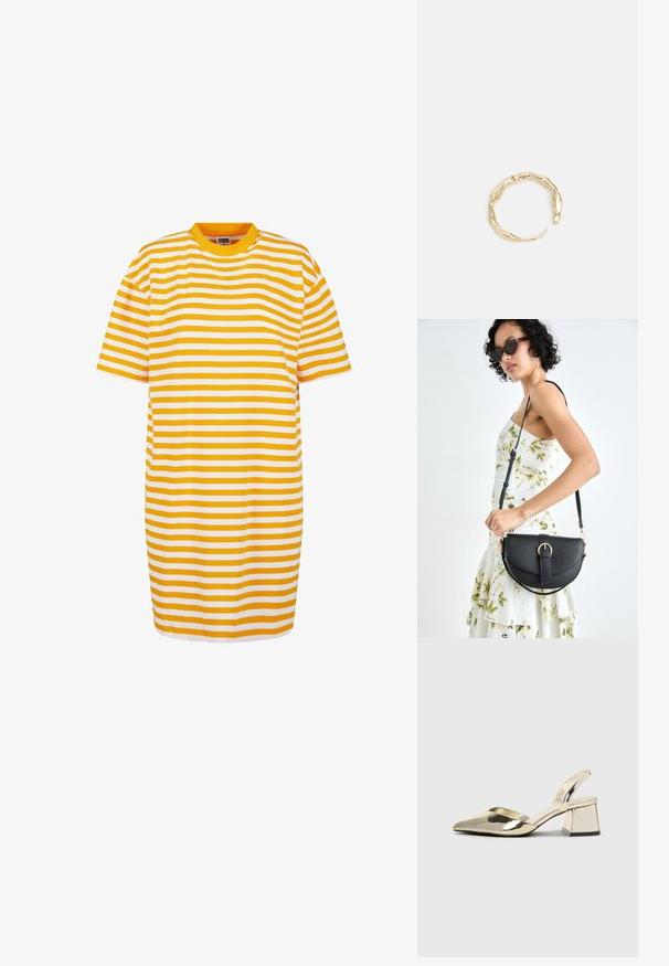 Dryžuota trumpomis rankovėmis su pakaitinėmis geltonomis ir baltomis horizontalinėmis juostomis, suapvalintu iškirpimu ir laisvu siluetu.; Auksiniai, metaliniai slingback aukštakulniai bateliai su smailiu pirštu ir masyviu kulnu. Lygus paviršius, minimalizmo dizainas ir siaura juostelė.; Juodas odinis krepšys su išlenkta forma, nuimamu dirželiu ir auksiniais detalėmis. Krepšys turi kilpą su sagtimi.; Auksinės spalvos žiedas, turintis organišką, sukimosi dizainą su lygiu paviršiumi ir siaurėjančiais galais, sukuriantis modernią skulptūrinę išvaizdą.