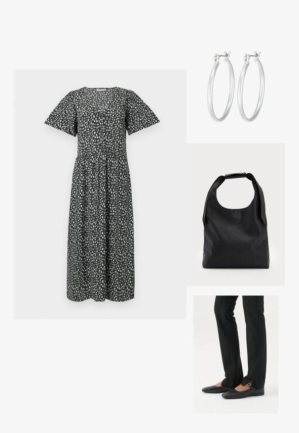 Black midi dress with short flutter sleeves, featuring a white abstract pattern, V-neckline, and gathered waist for a relaxed fit.; Black leather ballet flats with a pointed toe, strap with silver buckle, paired with black tailored pants featuring a slit hem.; Black leather hobo bag with a single, soft, rounded handle; features a smooth texture and a minimalist design. No visible hardware or accents.; Silver hoop earrings with a smooth, polished finish. Round shape and secure click-top closure. Lightweight design suitable for everyday wear.