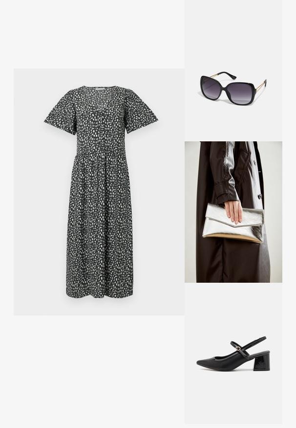 Fekete midi ruha rövid fodros ujjakkal, fehér absztrakt mintázattal, V-kivágással és rakott derékkal a laza illeszkedésért.; Fekete lakk bőr, pántos magassarkú cipő, hegyes orral, lekerekített kivágással és tömbsarkal. Arany színű csat díszíti.; Fekete, oversize napszemüveg fokozatos árnyalatú lencsékkel, vastag kerettel és arany színű lánc díszítéssel a szárakon.; Ezüst fém clutch, szögletes borítékszerű kialakítással, sima felülettel és kontrasztos belső színnel, amelyet egy fekete kabátot viselő kéz tart.