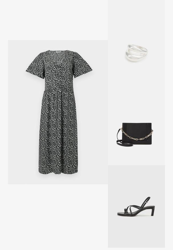 Crna midi haljina s kratkim lepršavim rukavima, koja ima bijeli apstraktni uzorak, V-izrez i nabrani struk za opušteni izgled.; Crne sandale s trakama, kvadratnim prstom i niskom blok petom. Ima više tankih trakica i podesivu trakicu oko gležnja. Izrađene su od glatke kože.; Crna kožna torba preko tijela s glatkom teksturom, pravokutnim oblikom i metalnim lancem na prednjoj strani. Uključena je podesiva naramenica.; Srebrna dvostruka prsten s glatkom, poliranom površinom. Karakterizira ga fluidan, zakrivljen dizajn s preklapajućim sekcijama za moderan izgled.