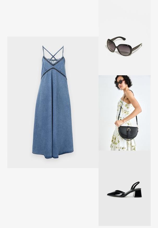 Denim obleka z ohlapnim krojem, ki ima nastavljive čezramne naramnice, zaobljen izrez in rahlo razširjen rob. Modra barva z značilnimi šivi.; Črne lakirane slingback pete s koničastim nosom in geometrijsko blokasto peto. Imajo eleganten, minimalističen dizajn in gladko teksturo.; Črne sončna očala z over-sized, zaobljenimi okvirji. Leče prehajajo od temne do svetle. Imajo eleganten, sijoč zaključek in diskretne logotipne poudarke na templjih.; Črna usnjena torbica s ukrivljeno obliko, z odstranljivo naramnico in zlatimi dodatki. Torbica ima pokrov s podrobnostmi v obliki zaponke.