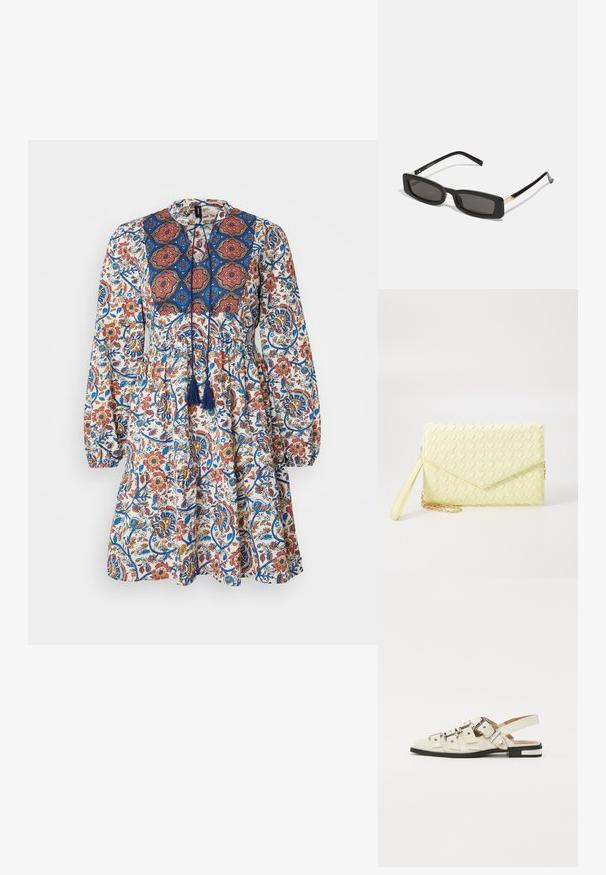 Vero Moda Petite VMSIS SHORT DRESS - Kasdienė suknelė - bright white/blue boho; Balno sandalai, pagaminti iš baltos odos, su keliais plačiais diržais ir sidabro spalvos sagtimis; plokščias padas su mažu juodu kulniuku ir metaliniais akcentais.; Juodos stačiakampės akinių nuo saulės su tamsiais lęšiais, blizgančiais plastikinių rėmų ir auksiniais akcentais ant šventyklų. Minimalistinis dizainas ir elegantiška forma.; Geltona audinė piniginė su užsegimu, nuimamą rankinę juostą ir auksinį akcentą. Lygi tekstūra ir stačiakampis forma.; Aukso auskarai su lygiu, blizgiu paviršiumi. Apvalus dizainas su maža užrakto dalimi ir skaidria atrama saugiam nešiojimui.