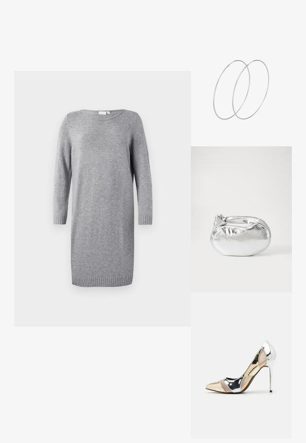 Pilka megztinė su apvaliu kaklu, ilgomis rankovėmis ir gumuotais rankogaliais. Minkšta tekstūra, iki kelių ilgio dizainas, minimalistiškas stilius.; Aštrus pirštas aukštakulnis batelis su sidabro, aukso ir nuogų spalvų deriniu. Blizgus paviršius su išpjovos dizainu, su stiletto kulnu.; Sidabrinė metalinė maišelio forma su švelnia, apvalia forma ir mazgu užveriamu viršumi. Pagaminta iš lygios dirbtinės odos medžiagos.; Sidabrinės pusmėnulio auskarai minimalistiniu dizainu. Apskritimo forma, lygus paviršius ir plonas profilis. Lengvi su poliruotu apdailu.