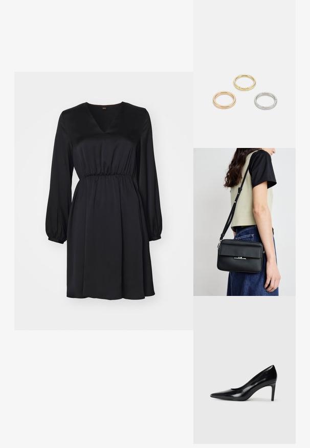 Fekete selyemruha V kivágással, hosszú puffos ujjal és húzott derékkal. Simább textúra, folyékony dizájn, térdhez érő szegély.; Fekete bőr magassarkú cipő, hegyes orral, sima textúrával és kúpos sarkal. Minimalista dizájn, nincsenek további díszítések.; Calvin Klein LINEAR CAMERA BAG - Keresztpántos táska - black; Három fémgyűrű: az egyik rose gold, a másik texturált akcentusokkal ellátott arany, a harmadik pedig ezüst, mindegyiken gravírozott márkajelzés található a belső sávon.