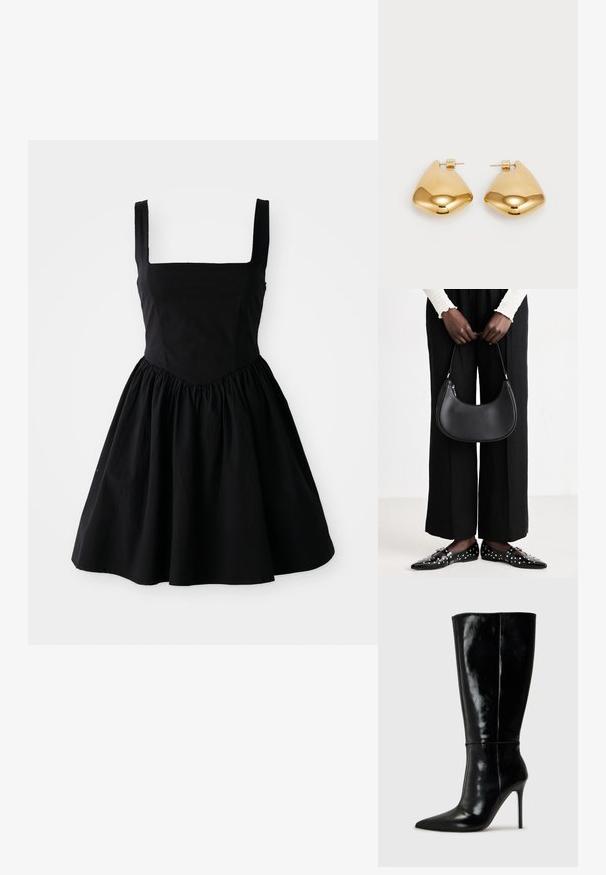 Svart bomulls kjole med firkantet utringning, brede stropper og en samlet skjørt. Har en tettsittende overdelen og flytende silhuett.; Sorte skinnkne-høye støvler med spiss tå og høye stiletthæler. Glatt tekstur og elegant design, med minimal detaljering.; Svart skinn skulderveske med en avrundet form, glanset overflate og sølvfargede detaljer. Person iført sorte vide bukser og naglede loafers.; Øreringer i gulltone laget av metall, med en glatt, avrundet trikantform og stift-bakdesign; reflekterende overflate med minimal detaljer.
