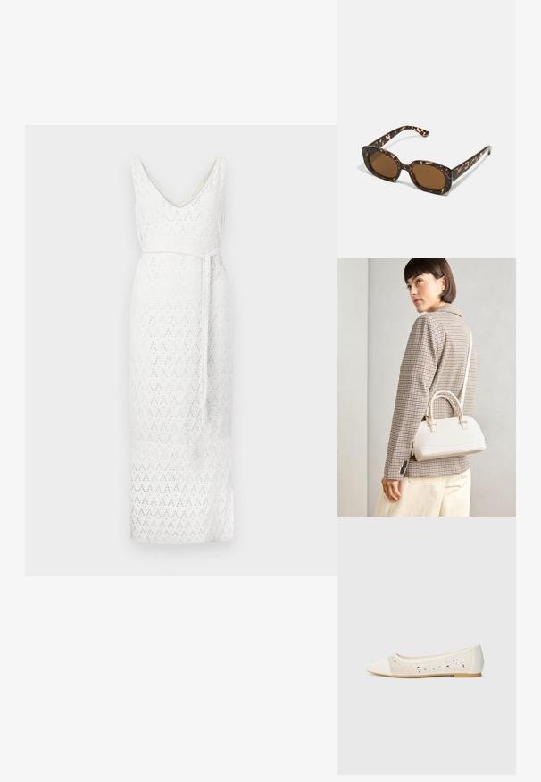 Balta suknelė be rankovių su V formos iškirpte, su tekstūruotu deimantų raštu, prigludusia liemens linija ir raiščiu. Lygus audinio paviršius.; Kreminės odos balerinos bateliai su skaidriu viršumi, dekoruoti išsibarsčiusiais kristalais. Minkštas padas užtikrina komfortą, minimalistinis dizainas.; Kare klasikinės saulės akinių rėmeliai su apvalia, didesne forma ir rudais objektyvais. Yra subtilių raštų ir tiesių, siaurėjančių šonų.; Balta struktūruota rankinė su trumpomis rankenomis ir peties diržu, su auksinėmis detalėmis ir tekstūruota medžiaga, pastatyta prieš pilką foną.