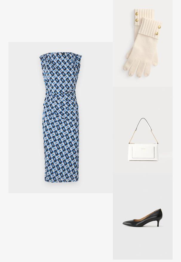 Prigludusi, be petnešėlių suknelė juodos, mėlynos ir baltos geometrinės raštų. Lygus audinys su surinkta dizaino sritis ties liemeniu. Iki kelių ilgio stilius.; Juodos odinės aukštakulnės bateliai su smailiu nosiu, žemu kulnu ir lygiu paviršiumi. Priekyje yra nedidelis atvirumas, o gale minimalus apdaila.; Balta odinė rankinė su tekstūruotu paviršiumi, turinti auksinį grandinėlės dirželį ir juodas detales. Įskaičiuota priekinė kišenė ir užtrauktuko uždarymas.; Kremo spalvos vilnonės pirštinės su raukšlėmis ant rankogalių, kurių viršuje yra po du dekoratyvinius auksinius mygtukus. Minkšta tekstūra su pirštų atidaromaisiais angomis.