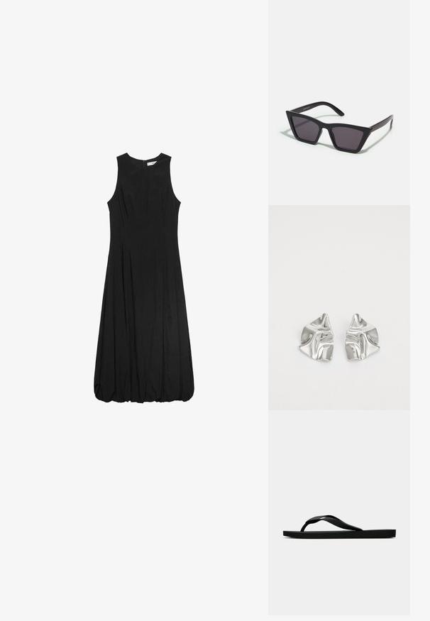 Schwarzes ärmelloses Kleid mit einem taillierten Oberteil und einem ausgestellten, gerafften Rock. Der Stoff wirkt glatt mit subtiler Textur; Reißverschluss hinten.; Schwarze Gummi-Flip-Flop-Sandale mit einem strukturierten Riemen und einfacher flacher Sohle, von der Seite auf einem schlichten hellen Hintergrund dargestellt.; Schwarze, eckige Sonnenbrille mit grauen Gläsern; aus Kunststoff gefertigt, mit dicken Bügeln, die eine glatte Oberfläche und keine sichtbaren Beschläge haben.; Silberne Metallohrringe mit einem wellenförmigen, skulpturalen Design, das eine polierte Oberfläche und unregelmäßige Formen aufweist, die eine zeitgenössische Ästhetik betonen.