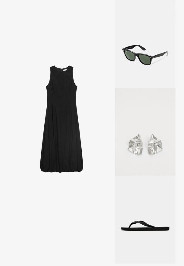 Zwarte mouwloze jurk met een getailleerde top en een uitlopende, geraffineerde rok. De stof lijkt glad met een subtiele textuur; rits aan de achterzijde.; Zwarte rubberen flip-flop sandaal met een getextureerde strap en een eenvoudige platte zool, zijaanzicht op een effen lichte achtergrond.; Zwarte plastic zonnebril met groene lenzen, vierkante montuur, zilveren accent op de wenkbrauw en een gestructureerde tempel. Merken vermeld op de binnenkant van de arm.; Zilveren metalen oorbellen met een golvend, sculpturaal ontwerp, voorzien van een gepolijste afwerking en onregelmatige vormen, die een hedendaagse esthetiek benadrukken.