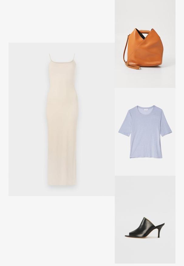 Beige satiini maksimekko ohuilla spagettiolkaimilla, tiukalla bodysuunnittelulla ja suoralinjaisella siluetilla, joka ulottuu nilkkoihin. Sileä pinta, minimaalinen muotoilu.; Vaaleansininen lyhythihainen T-paita, jossa on pyöreä pääntie, valmistettu pehmeästä kankaasta, ja se on rento malli, jolla on sileä ja hienovarainen tekstuuri.; Musta nahkainen avot Gap, jossa on virtaviivainen, kaareva muotoilu, korkea stiletto-korko ja sileä pinta. Sisäpuoli on kontrastivärinen vaaleampi sävy.; Ruskea nahkainen käsilaukku, jossa on ainutlaatuinen kolmion muotoinen taitosdesign, yläkahva ja irrotettava olkahihna valkoisella taustalla.