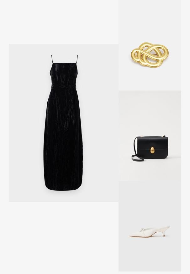 Čierna zamatová maxi šaty so špagetovými ramienkami, priliehajúcim korzetom a zodpovedajúcim opaskom na páse. Štruktúrovaná tkanina s miernym leskom.; Biele lodičky so špicatou špičkou a nízkym podpätkom, s ozdobným perlovým akcentom na prednej časti a hladkým saténovým povrchom.; Čierna kožená kabelka so štruktúrovaným obdĺžnikovým tvarom. Obsahuje zlaté oválne zapínanie a tenký ramenný popruh. Hladká textura.; Brošňa v zlatej farbe s uzlovým dizajnom, hladkými, zakrivenými líniami a zložitým tvarom, ktorá odráža leštený povrch.