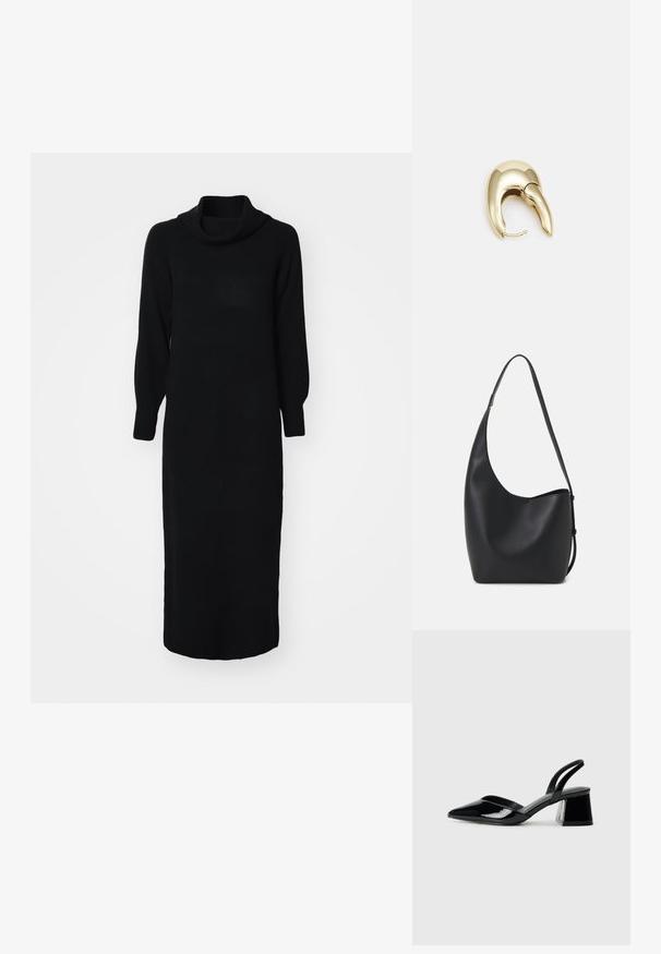 Fekete kötött ruha cseppnyakú, hosszú puffos ujjú és bordázott mandzsettájú. Midi hosszúságú, sima textúrájú és egyszínű mintázatú.; Fekete lakk bőr szandálkés magas sarkú cipő, hegyes orral és geometrikus tömbsarkakkal. Karcsú, minimalista dizájn és sima textúra jellemzi.; Fekete bőr hobo táska sima textúrával, ívelt formával és egyetlen állítható pánttal; széles nyílás található a tetején.; Aranyszínű fém fülbevaló, elegáns, ívelt formával. Különleges hegyes alak, fényes felszín és zsanéros záródás jellemzi.