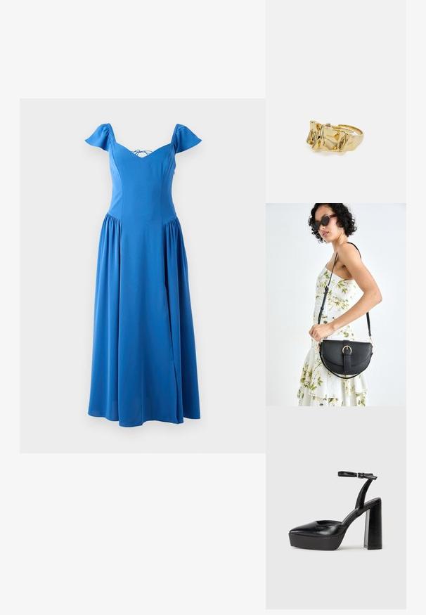 Blue midi dress made of smooth fabric, featuring a V-neck, short puff sleeves, and gathered skirt with a side slit.; Black platform heels with a pointed toe and adjustable ankle strap. Constructed from smooth leather, featuring a chunky block heel.; Black leather handbag with a curved shape, detachable strap, and gold hardware. The bag features a flap with a buckle detail.; Gold ring with textured, wavy design featuring three prominent peaks. Smooth, shiny surface with an open band for adjustable fit.