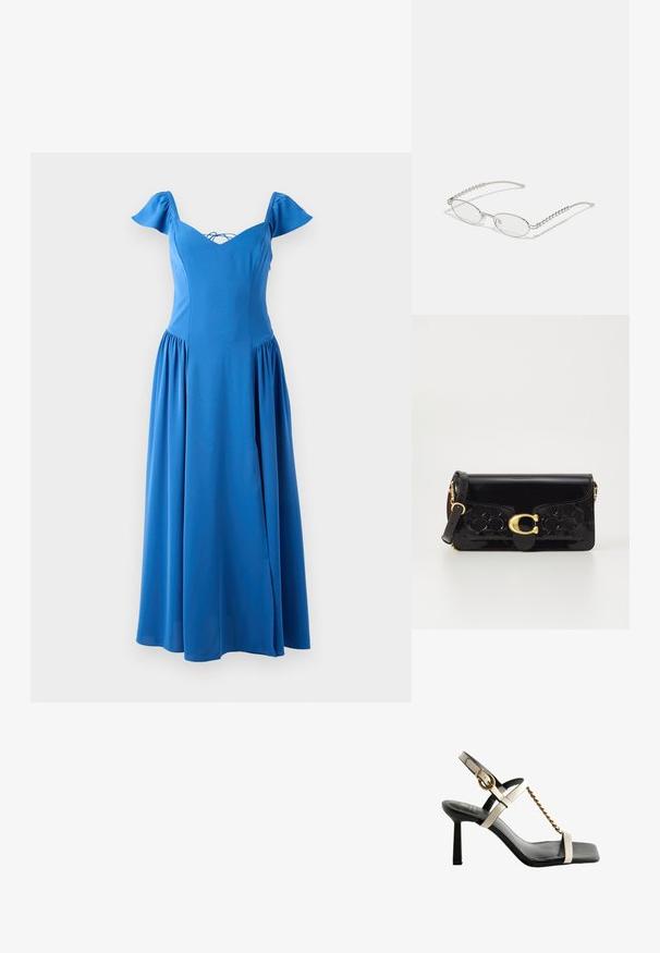Mėlyna midi suknelė, pagaminta iš lygaus audinio, su V formos iškirpte, trumpomis pūkuotomis rankovėmis ir surinkta sijonu su šonine plyšiu.; Aukštakulniai sandalai su kvadratiniu pirštu, juoda odinė padas, kreminės spalvos dirželiai, auksinės grandinės detalė ir reguliuojama kulkšnies sagtis.; Ovalios akiniai su metaliniu sidabriniu rėmu, skaidriais objektyvais ir tekstūruotais karoliukų akcentais ant šventyklų. Lengvas dizainas su kreivomis šakėmis.; Juodas lakinės odos rankinė su auksiniais akcentais, įskaitant užsegimą. Yra tekstūruotas dizainas ir nuimama dirželis. Kompaktiška stačiakampio formos.