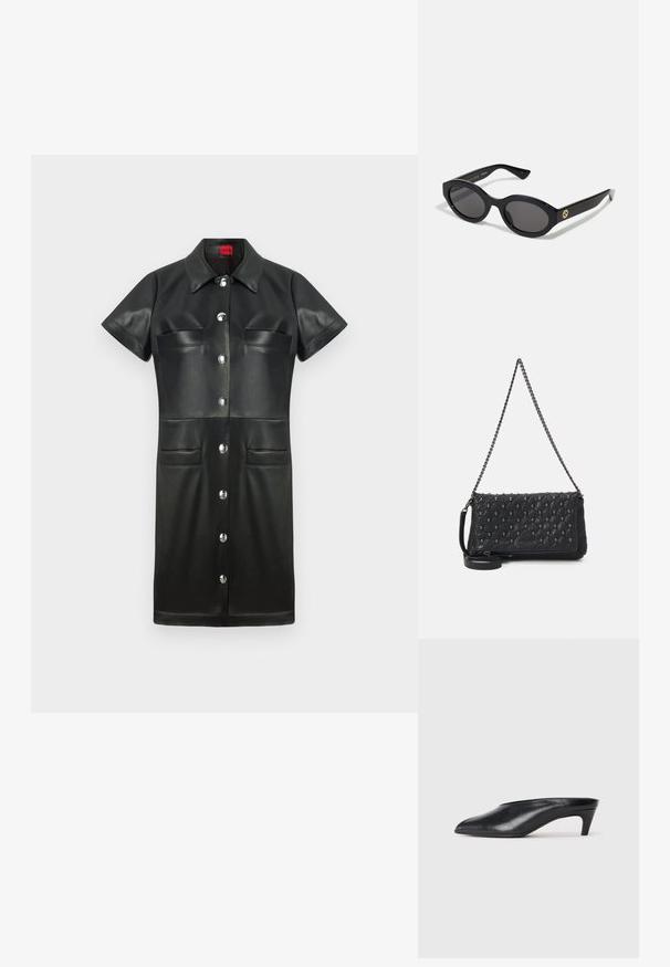 Vestido de cuero negro con mangas cortas, cuello, cierre de botones en la parte delantera y dos bolsillos en el pecho. Presenta herrajes de plata y una textura suave.; Mules de cuero negro con punta afilada, tacón bajo y textura suave. Diseño minimalista sin herrajes o patrones visibles.; Gafas de sol negras en forma ovalada con lentes oscuros y montura de plástico brillante. Presenta un logo dorado en la patilla, ofreciendo un diseño elegante y moderno.; Bolso de piel acolchada negra con una correa de cadena, que presenta adornos de calaveras y un cierre de cremallera. Superficie texturizada con un acabado brillante.