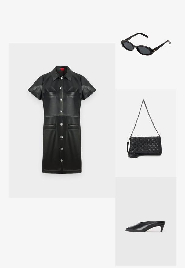 Zwarte leren jurk met korte mouwen, kraag, knopen aan de voorkant en twee borstzakken. Kenmerken zijn zilverkleurige hardware en een gladde textuur.; Zwarte leren muiltjes met een taps toelopende neus, lage hak en een gladde textuur. Minimalistisch ontwerp zonder zichtbare bevestigingsmiddelen of patronen.; Zwarte oversized zonnebril met ovale lenzen, een glad plastic montuur en gouden accenten op de pootjes. Donkere lenzen bieden bescherming tegen de zon.; Zwarte gewatteerde leren tas met een kettinghengsel, voorzien van schedelaccenten en een ritssluiting. Getextureerd oppervlak met een glanzende afwerking.