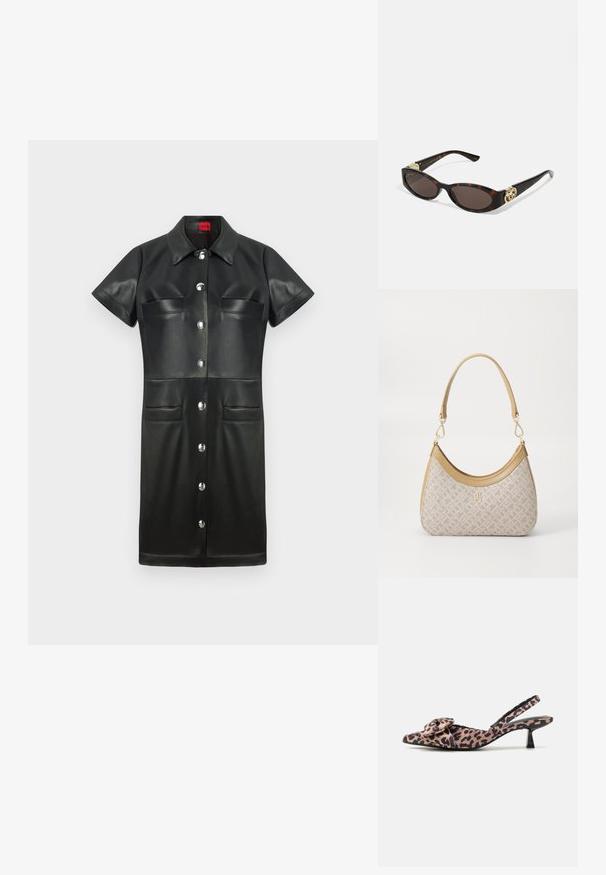 Schwarzes Lederkleid mit kurzen Ärmeln, Kragen, Knopfleiste und zwei Brusttaschen. Verfügt über silberne Beschläge und eine glatte Textur.; Pumps mit spitz zulaufender Zehenpartie und Slingback in Leopardenmuster mit einem Schleifenakzent, ausgestattet mit einem niedrigen schwarzen Absatz und glatter Textur.; Schildpatt-Sonnenbrille mit länglich-ovalen Gläsern, braunem Farbton, goldenen Logo-Akzenten an den Bügeln und schlanken schwarzen Bügeln.; Beige gemusterte Handtasche mit geschwungener Form, Lederakzenten und einem goldfarbenen Logo auf der Vorderseite. Verfügt über einen kurzen Griff für einfaches Tragen.; Perlen- und Kristallhalskette mit einem runden, perlenbesetzten Design in sanften Farbtönen, das abwechselnd Perlen und funkelnde Akzente zeigt, um den Hals getragen.