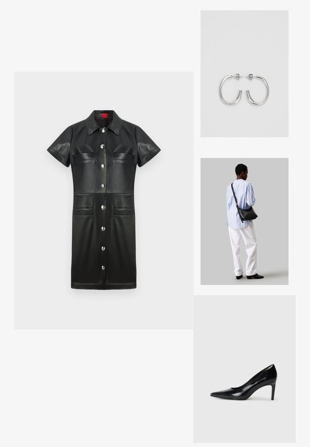Juodas odinis suknelė su trumpomis rankovėmis, apykakle, mygtukų priekyje ir dviem krūtinės kišenėmis. Pabrėžia sidabrinius elementus ir lygią tekstūrą.; Juodas odinis aukštakulnis batelis su smailiu pirštu, lygiu paviršiumi ir siauru kulnu. Minimalistinis dizainas, jokių papildomų puošmenų.; Juodas odinis petinis krepšys su minkšta tekstūra, trikampiu pavidalu ir reguliuojama juosta, derinamas su šviesiai mėlynu dryžuotu marškinėliu ir baltais džinsais.; Sidabrinės auskarai žiedai su lygiu, blizgiu paviršiumi. Suapvalinta forma, lengvas dizainas, su uždarymu ant smeigtuko.
