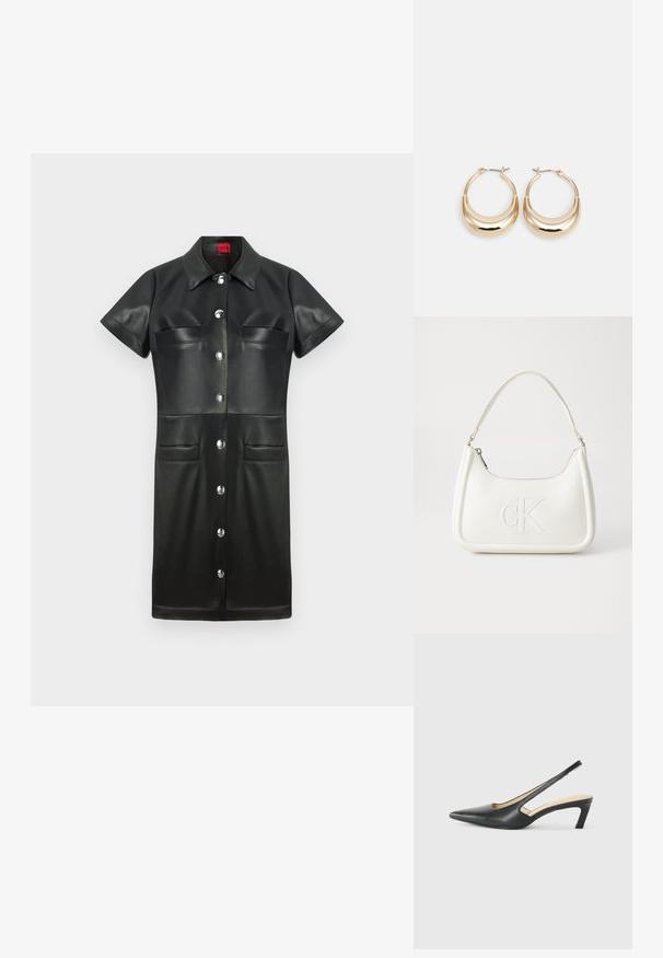 Svart lærkjole med korte ermer, krage, knapplukking foran og to brystlommer. Har sølvdetaljer og en glatt tekstur.; Svart spiss tå slingback-sko med lav hæl, laget av jevnt skinnmateriale og med utskåret design på siden for pusteevne.; Hvit lærveske med en buet fasong, med et preget "CK"-logo på forsiden og en enkel skulderstropp. Glidelåslukking på toppen.; Gulltonede hoop-øreringen med en halvmåneform, polert overflate og hengsel-lukking. Glatt tekstur og reflekterende finish øker synligheten.