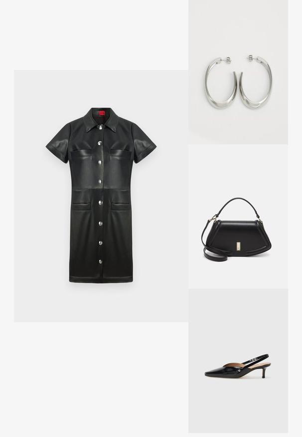 Abito in pelle nera con maniche corte, colletto, chiusura con bottoni e due tasche sul petto. Presenta dettagli in metallo argentato e una texture liscia.; Décolleté slingback in vernice nera con punta affilata, tacco basso e design con aperture sul vamp. Accento in hardware color oro sul lato.; Borsa a mano in pelle nera con un design strutturato, caratterizzata da una forma corta, manico superiore e accessori in metallo dorato. Inclusa tracolla regolabile.; Orecchini a cerchio argentati con un design liscio e curvo. Presentano una finitura metallica lucida e una chiusura a perno. Nessun motivo o accentuazione visibile.