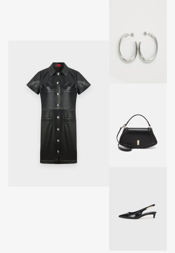 Sort læderkjole med korte ærmer, krave, knapfront og to brystlommer. Har sølv hardware og en glat tekstur.; Sorte læder slingback hæle med spids tå, der har en slank hæl og en guldfarvet detalje på den justerbare rem. Glat tekstur.; Sort læderhåndtaske med en struktureret design, der har en kortet form, tophåndtag og guld hardware-accenter. Justerbar skulderrem inkluderet.; Sølv hoops øreringe med et glat, buet design. Har en skinnende metallisk finish og studs-lukning. Ingen synlige mønstre eller accenter.